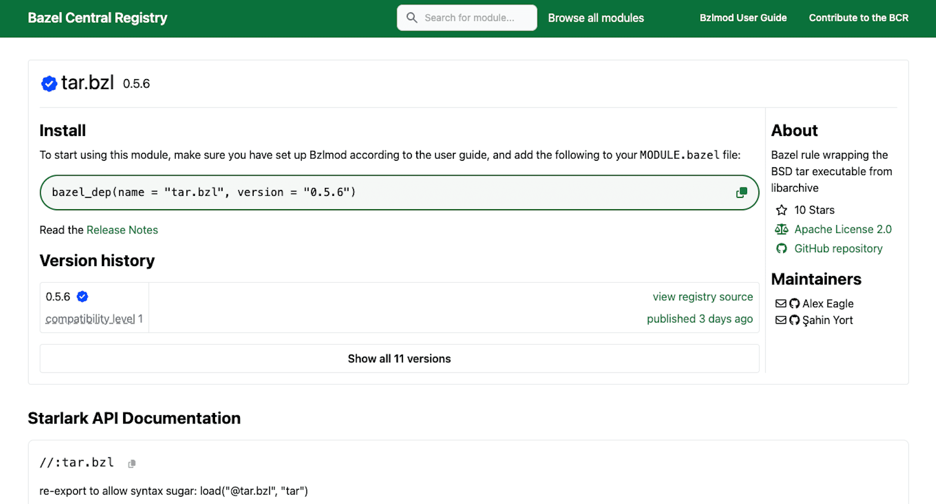 Bazel Starlark Docs on the Registry